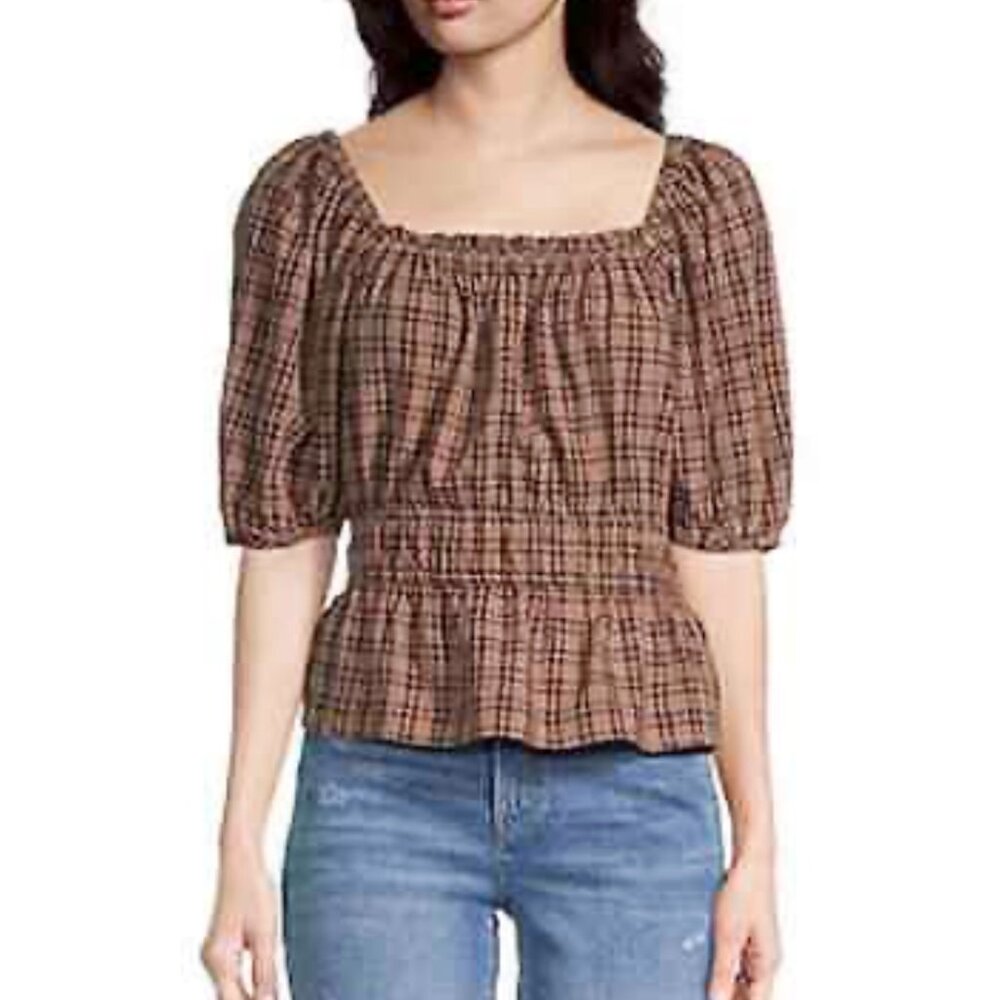 NEW! a.n.a a new approach Peplum Blouse Plus 1X Square neck $42 Puffy sleeves